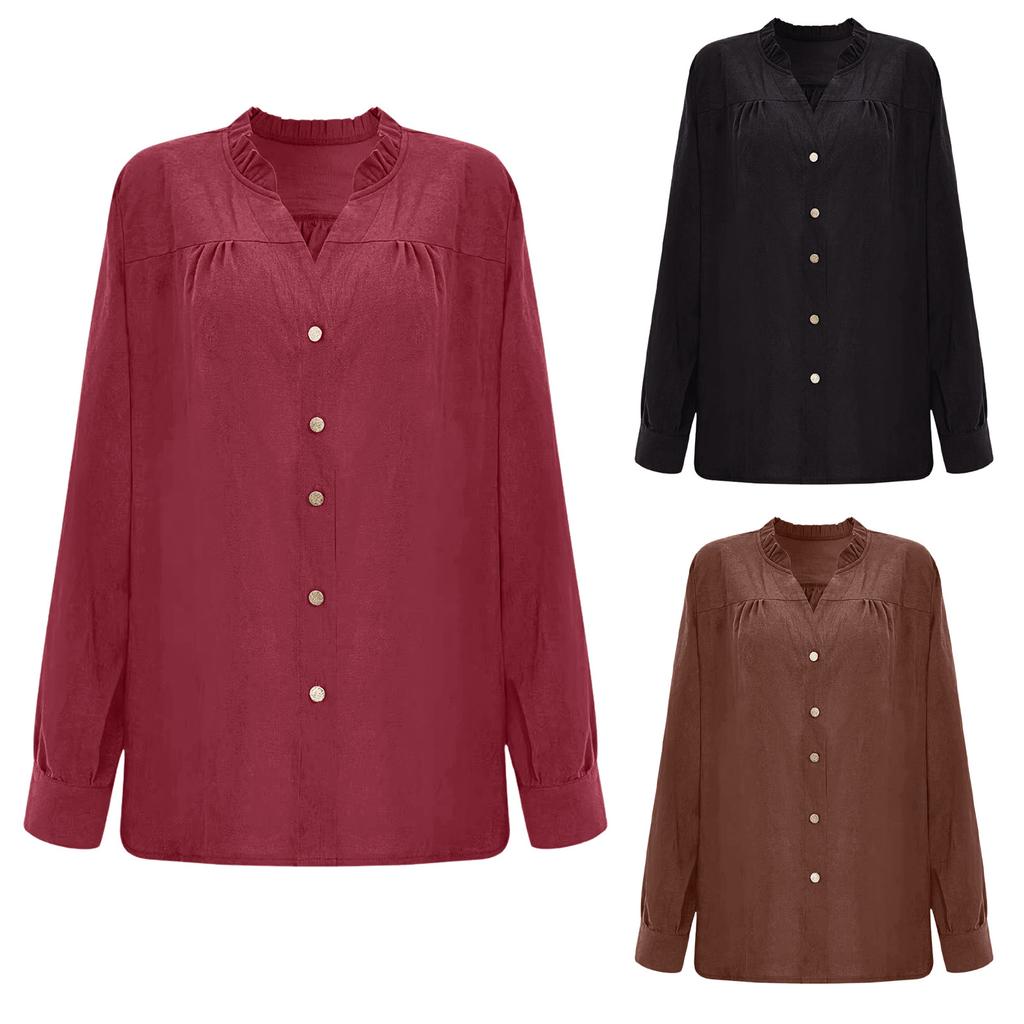 Women's Casual Loose-Fit V-Neck Button-Up Long-Sleeve Blouse With Flounce Collar