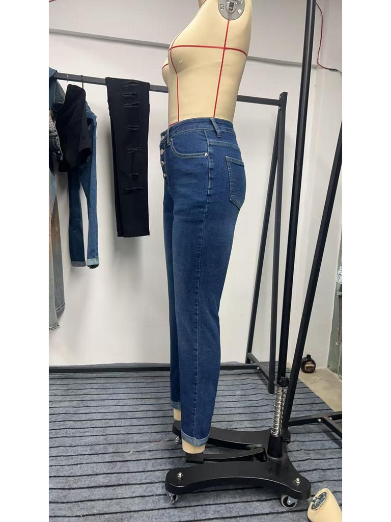 European & American Style Stretch Blue Denim Button-Up Women's Rolled-Up Pants