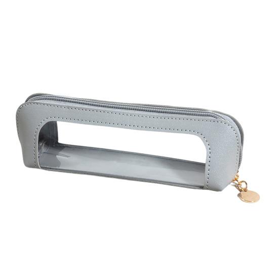 

Пенал из искусственной кожи, прозрачный дизайн, большая вместительная сумка для ручек, компактный органайзер на молнии для канцелярских принадлежностей для работы в университете серый