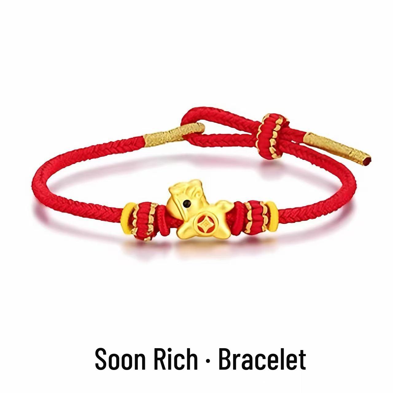 Gold Horse Zodiac Birth Year Bracelet: Pure Gold Luck Beads & Red Rope for Couples
