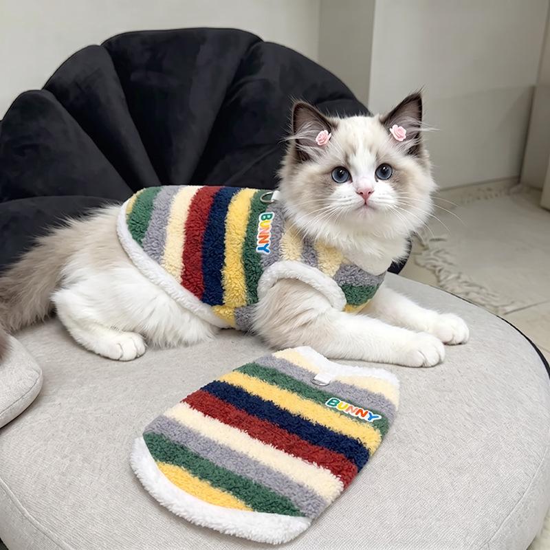 Pet Clothes Autumn and Winter Rainbow Striped Flannel Bigbear Cat Teddy Pomeranian Small Dog Dog Thermal Vest