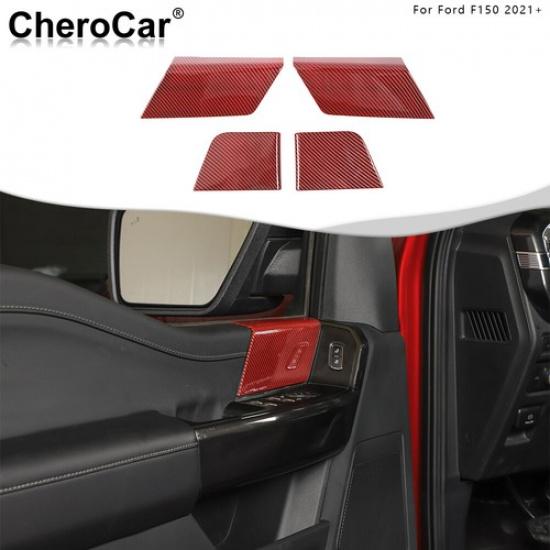 4X Inner Door Panel Decor Cover Accessories For Ford F150 + Red Carbon Fiber