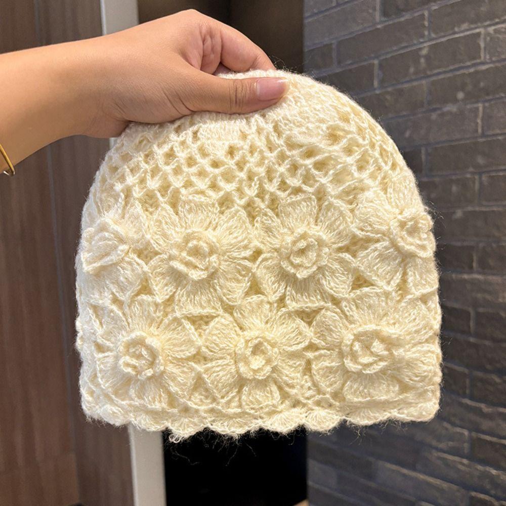 Double Layer Handmade Knitted Hat Hollow Flower Pullover Hat Yarn Winter Hat Spring Autumn Winter