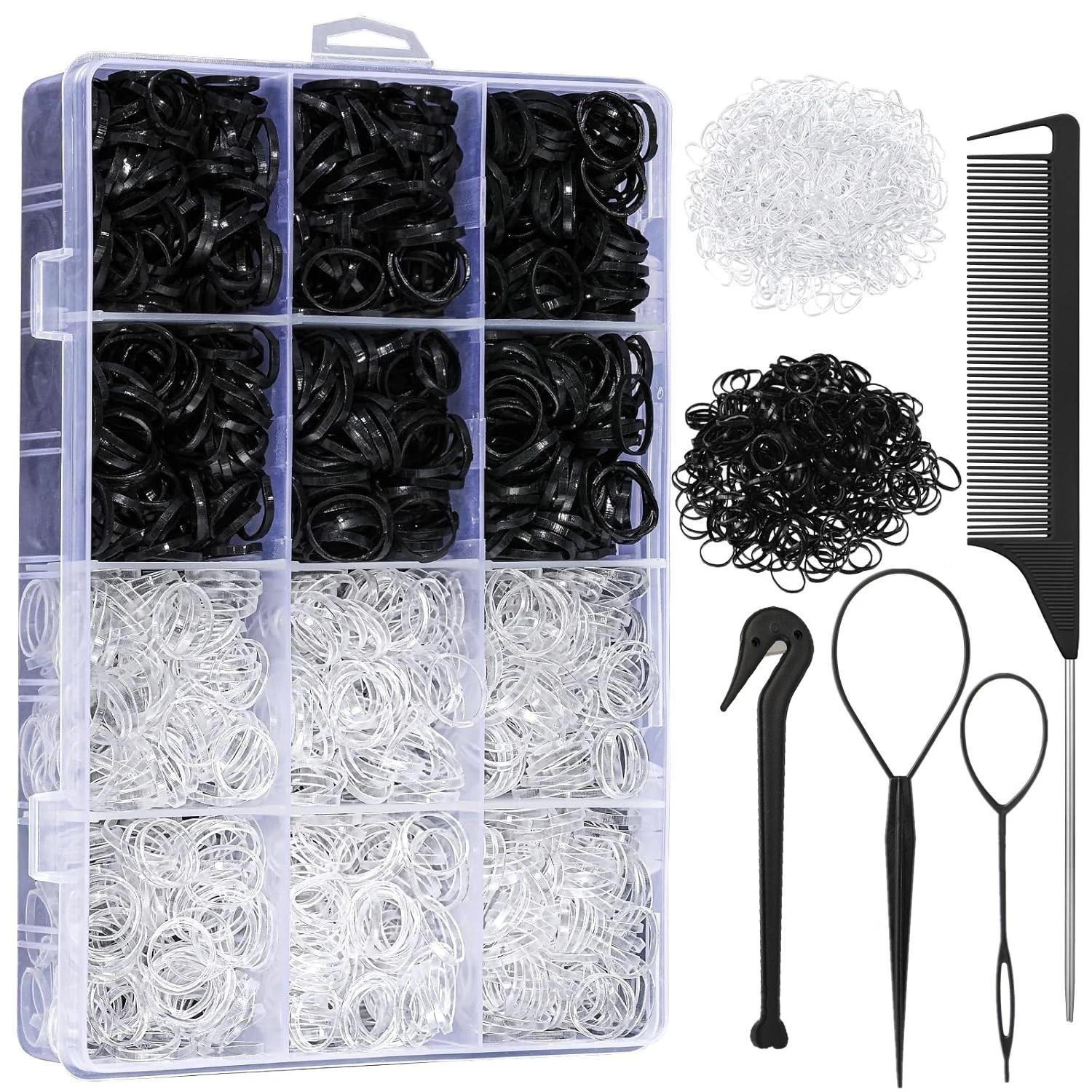 

2000pcs Mini Small Elastic Hair Bands,with Hair Styling Tools, Storage Box, Mixed Color, Casual Style, for Daily Hair Accessorie чёрный