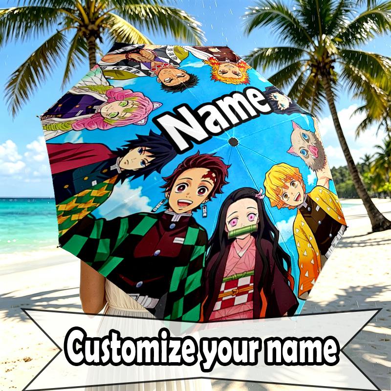Custom Name Personalized Demon Slayer Print Umbrella, Auto Open Close, 8‑Rib Sturdy Frame, Commute Camping Hiking Use, Birthday Gift