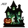 Witch Silhouette Decor Wooden Table Centerpiece, Spooky Castle Black Cat Standing Matte Halloween Decoration Tabletop Ornament for Party, Desk