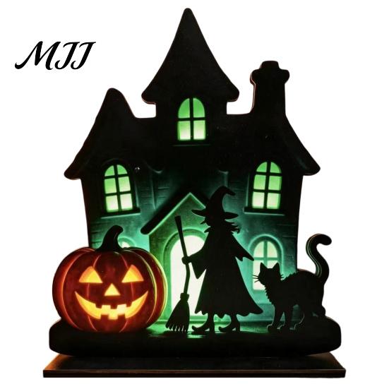 Witch Silhouette Decor Wooden Table Centerpiece, Spooky Castle Black Cat Standing Matte Halloween Decoration Tabletop Ornament for Party, Desk