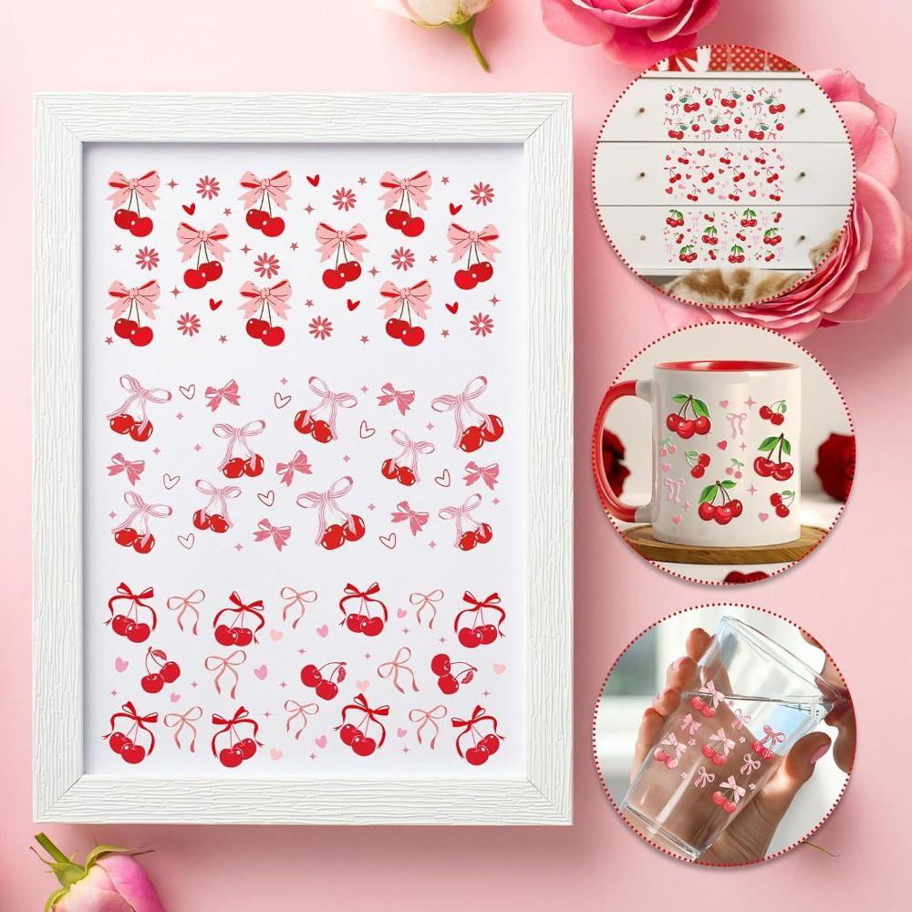 7Pcs/Bag Smooth UV DTF Transfer Sticker Clear Pink Bow Decals  For 16Oz Glass Cup