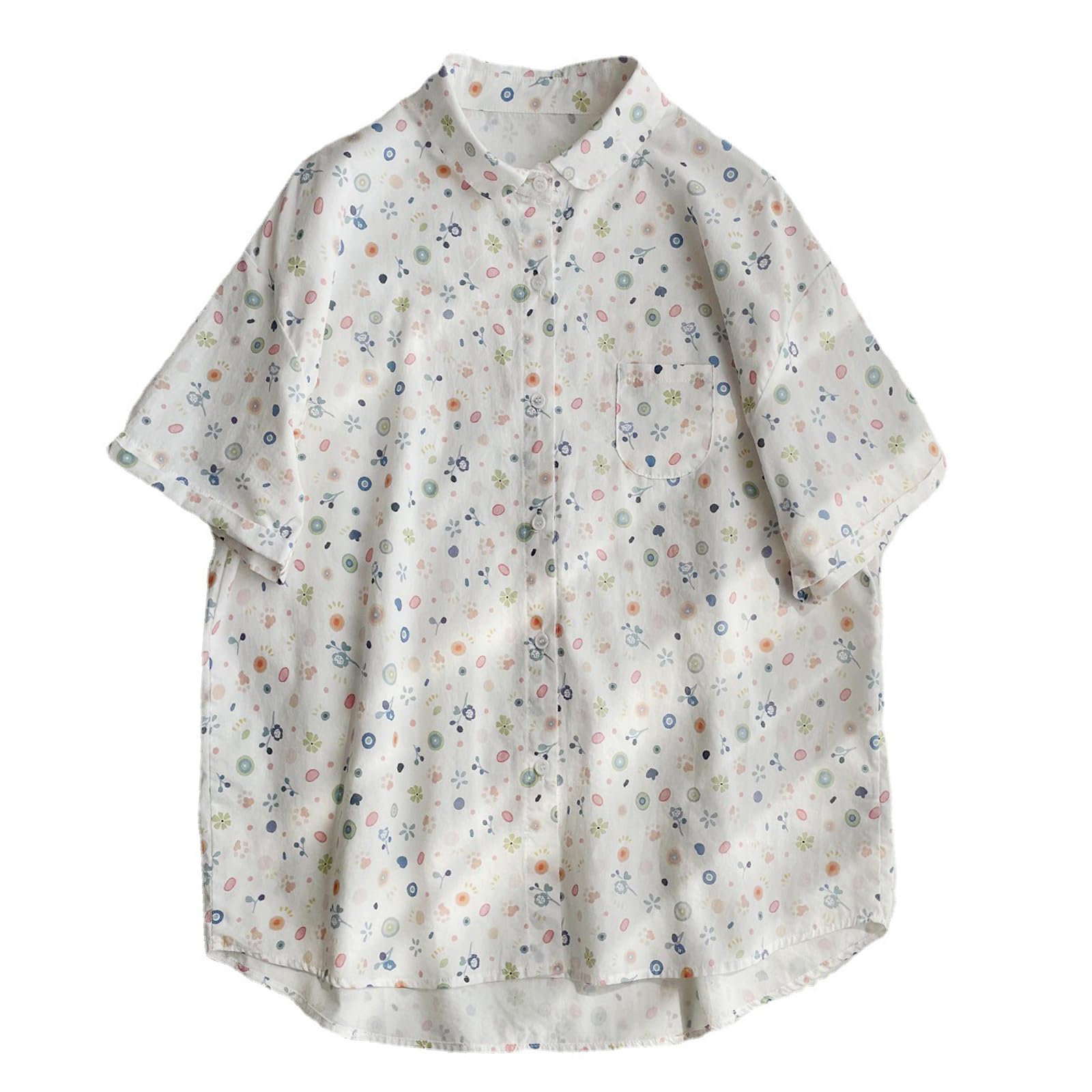 

короткие круглые рубашки с цветочным принтом [ЛИНИЯ ASHE] Рубашки, блузки, женские, рукава, принт, милые, топы, лето, лаконичного кроя, воротник, хлопок, воротник,