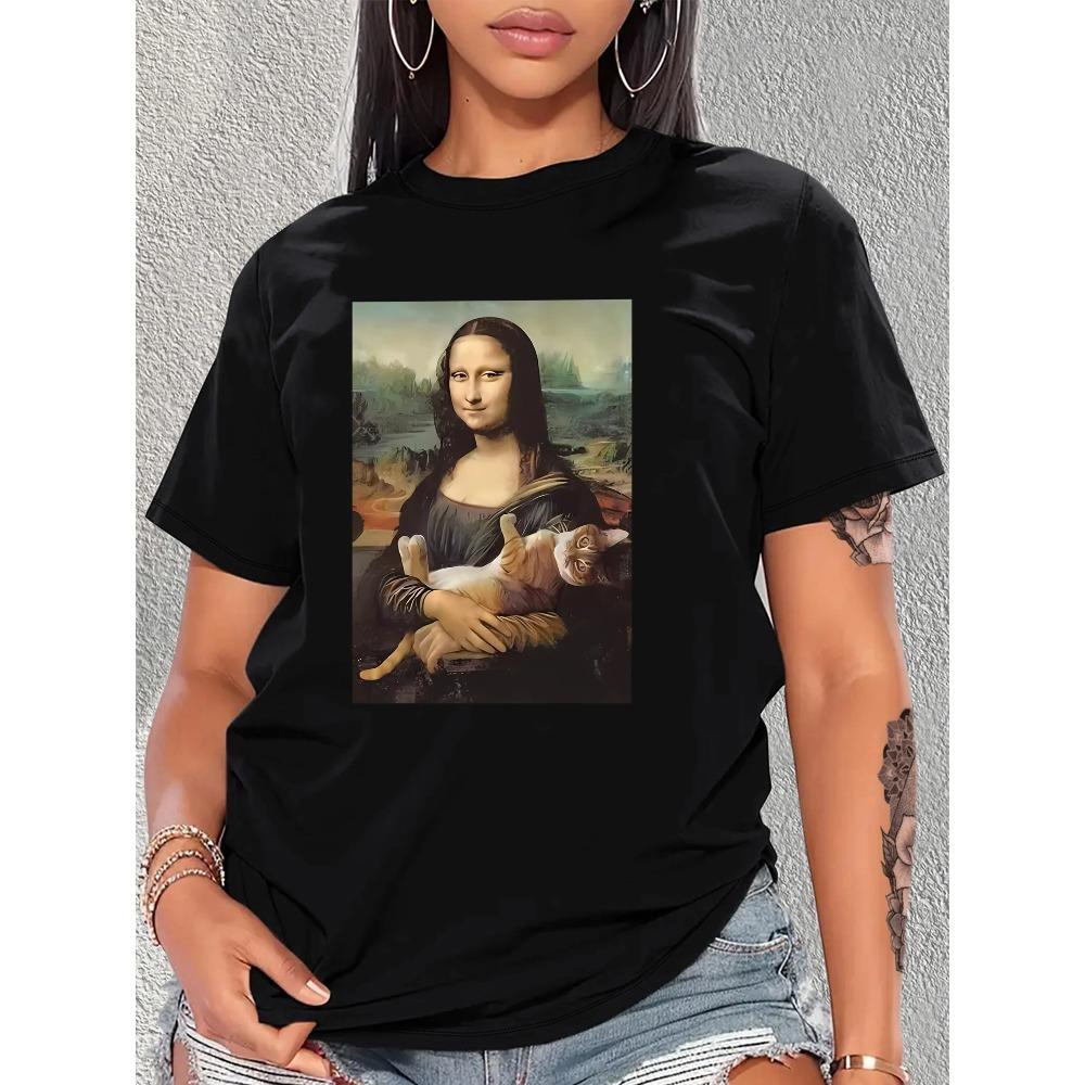 Casual Unisex short T-shirt for women Oil painting Smooth and Kitten Artistic print Round neck black Women Harajuku
