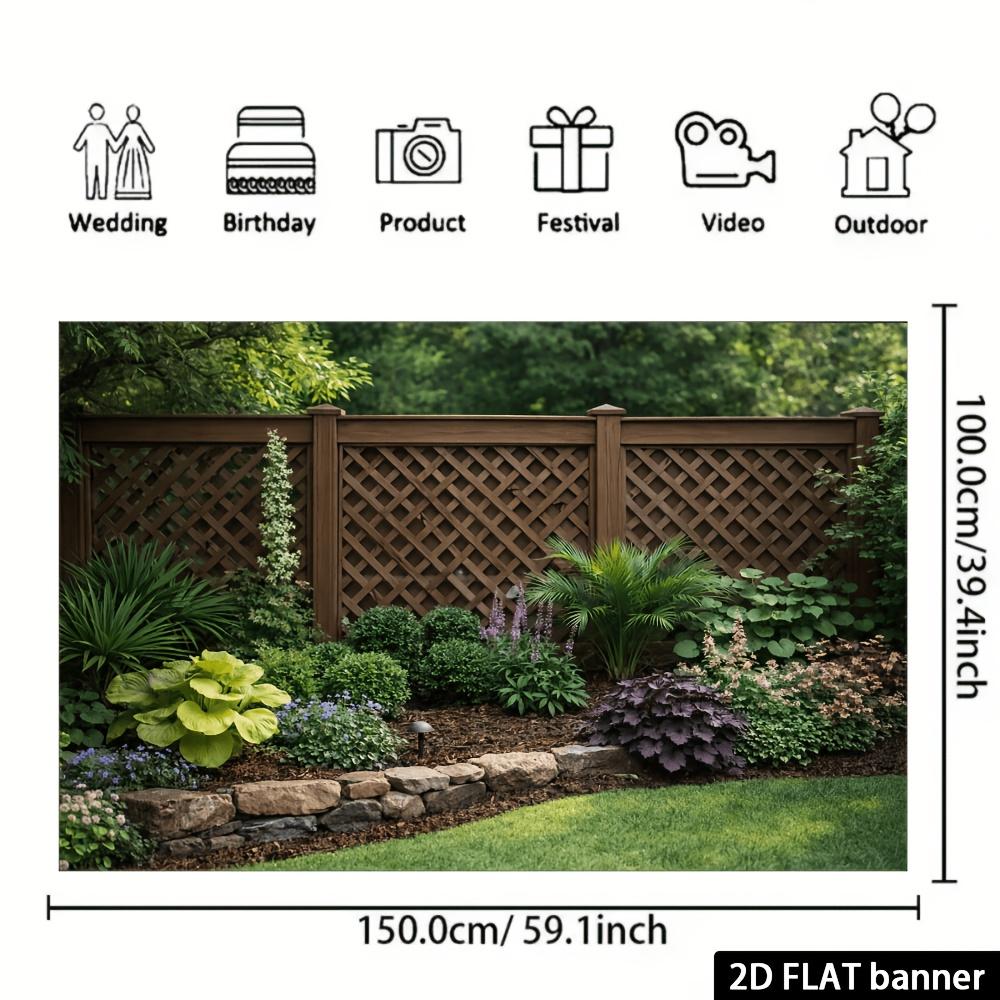 2D Flat Courtyard Landscape Banner Background Quiet Private Courtyard Theme  Grid Fence  Diverse Green Plants and Flowers