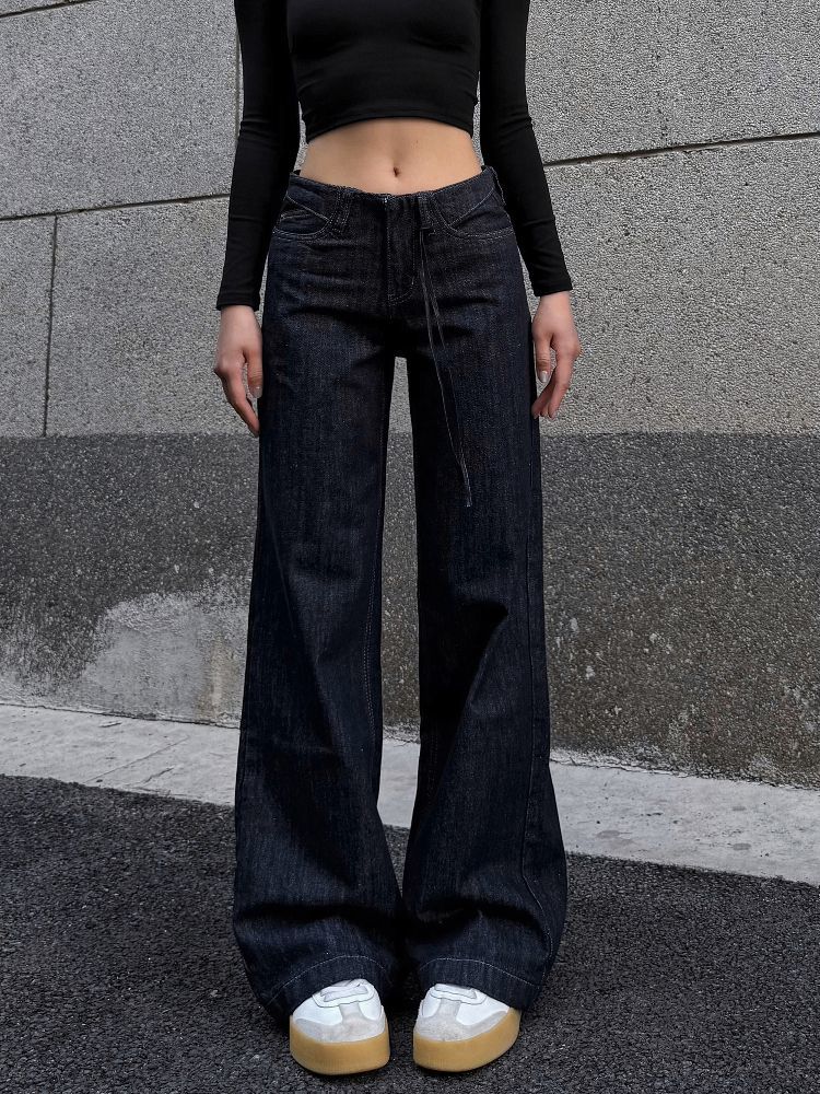 

American Style High Street Hot Girl Low Waist Slimming Jeans Women Autumn Vintage Y2K Millennial Style Drapey Casual Long Pants 2XL синій