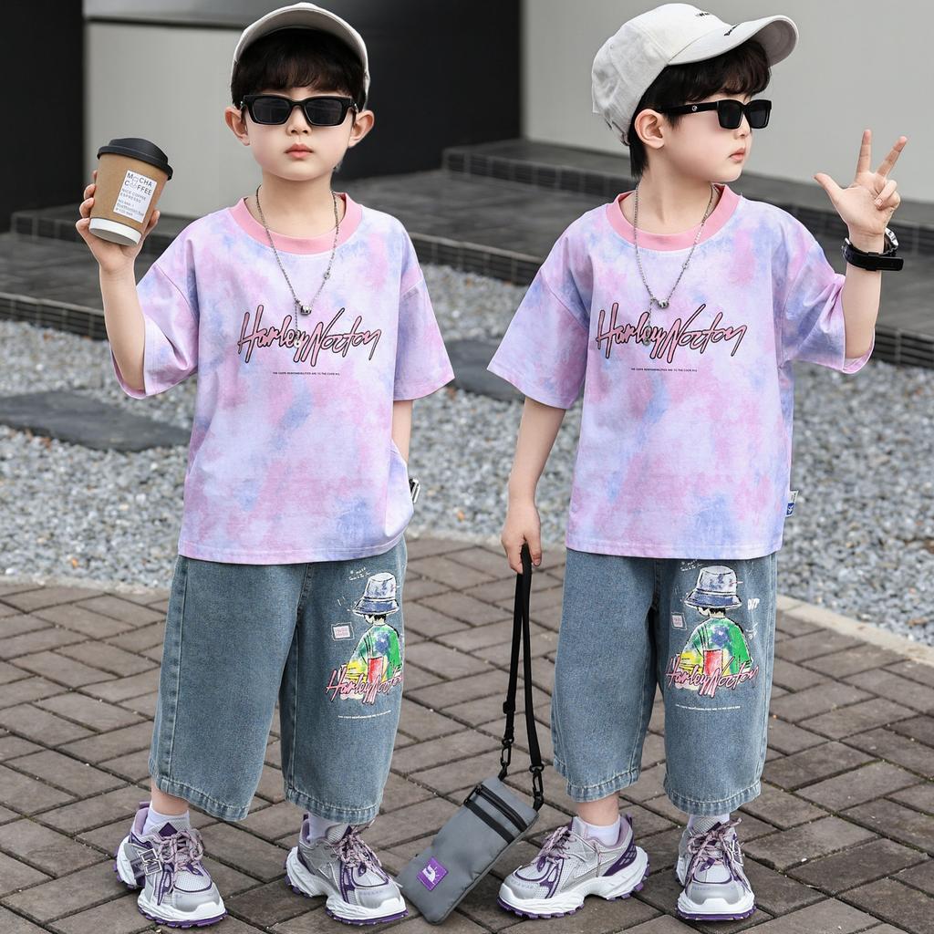 Boys' Summer Short Sleeved Set 2026 New Fashionable Children's Summer Dress Boys' Baby Jeans Two Piece Set Trendy
