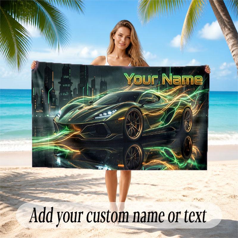 Car Racing Theme Beach Towel Personalized Custom Name & Text Soft Quick Dry Beach Towel for Swimming Travel