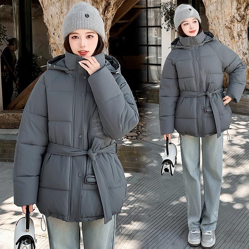Wind belt down cotton clothes women's winter new fashion waist thin thickened sweet coat tide