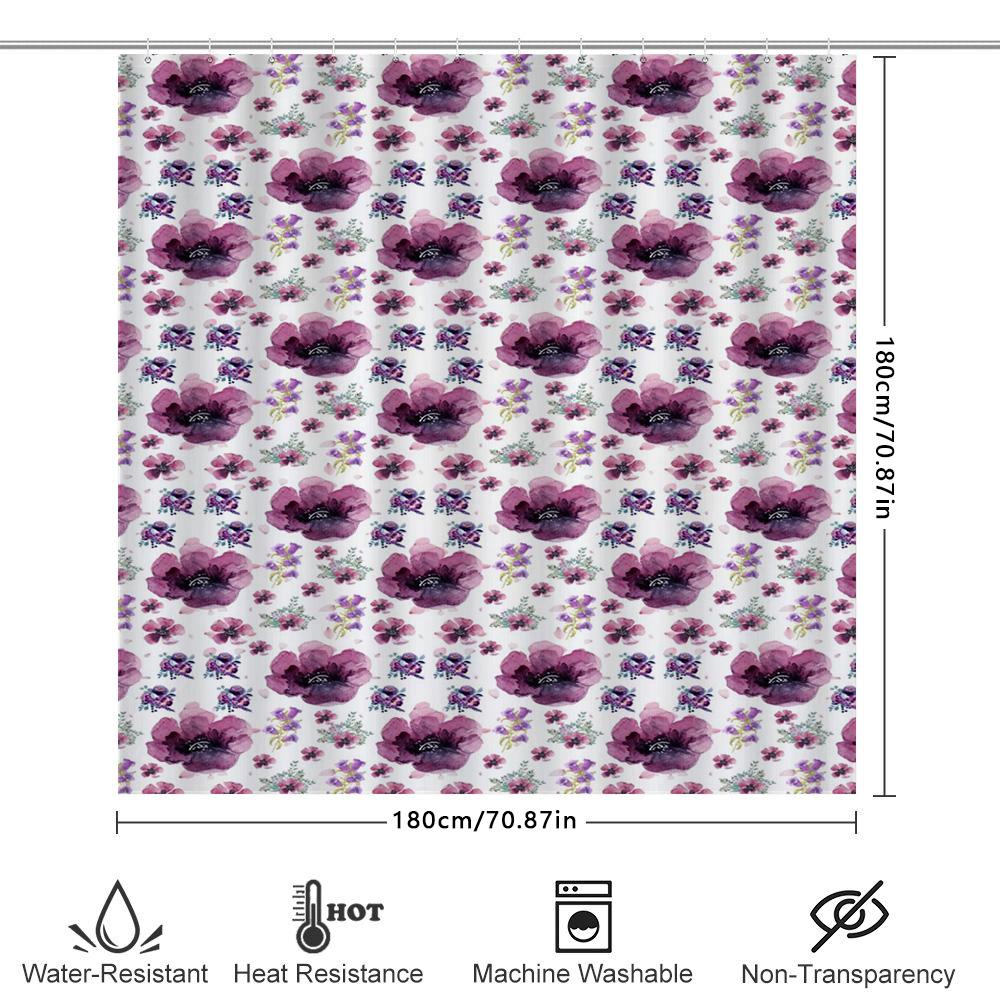 Purple Flower Waterproof Shower Curtain Watercolor Design Decorative Bath Mat For Home Bathroom Decoration (White) [240X180Cm]