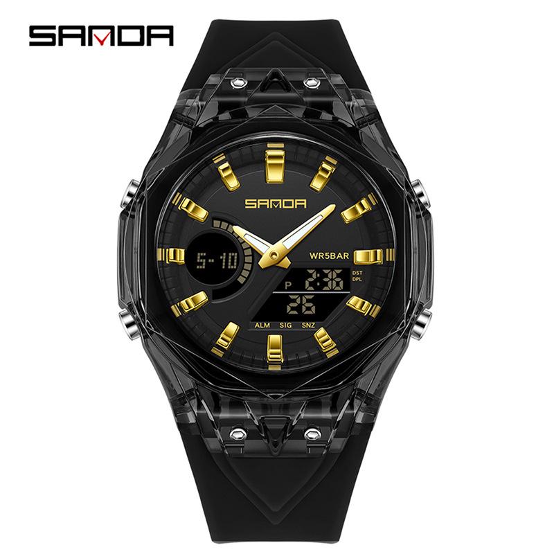 Sanda Dual Display Multifunction Fashion Wristwatch with Colorful Transparent Case for Youthful Korean Style