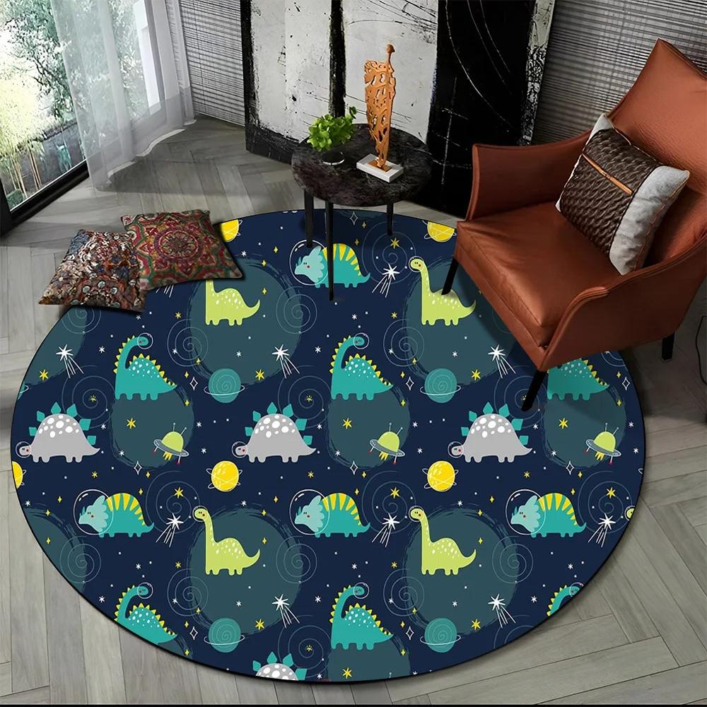 Cute Dino Dinosaur Space Children Cartoon Round Carpet Rug for Living Room Bedroom Chair Decor,Pet Area Rug Non-slip Floor Mat