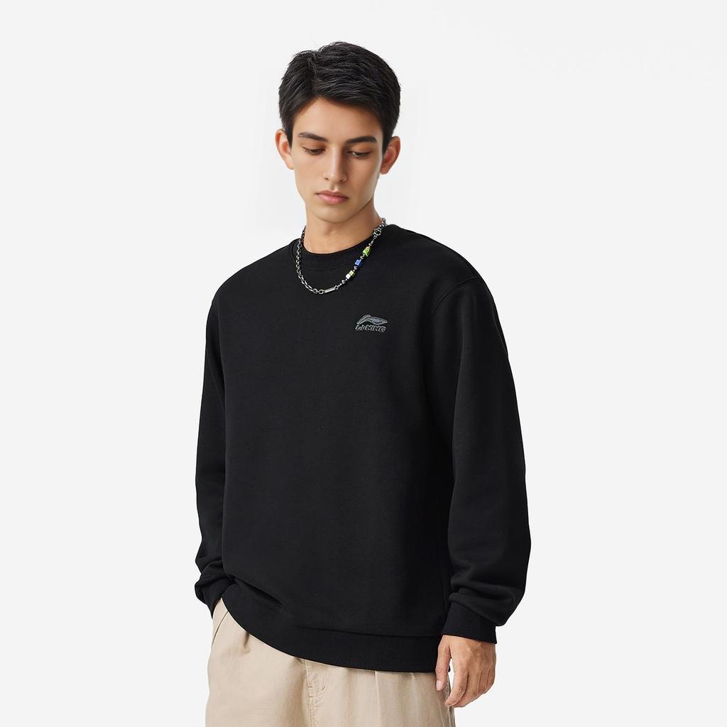 Li Ning Sports Lifestyle Series Fleece Pullover Crewneck Letter Embroidery Logo Sweatshirt Unisex sweatshirt Black AWDUA53-2