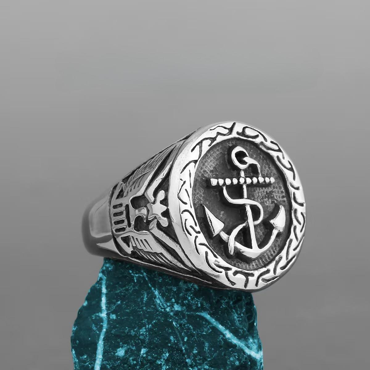 

Серебряное кольцо в виде якоря в морском стиле с черепом для мужчин, персонализированный модный панк-стиль, подарок ручной работы No. 13
