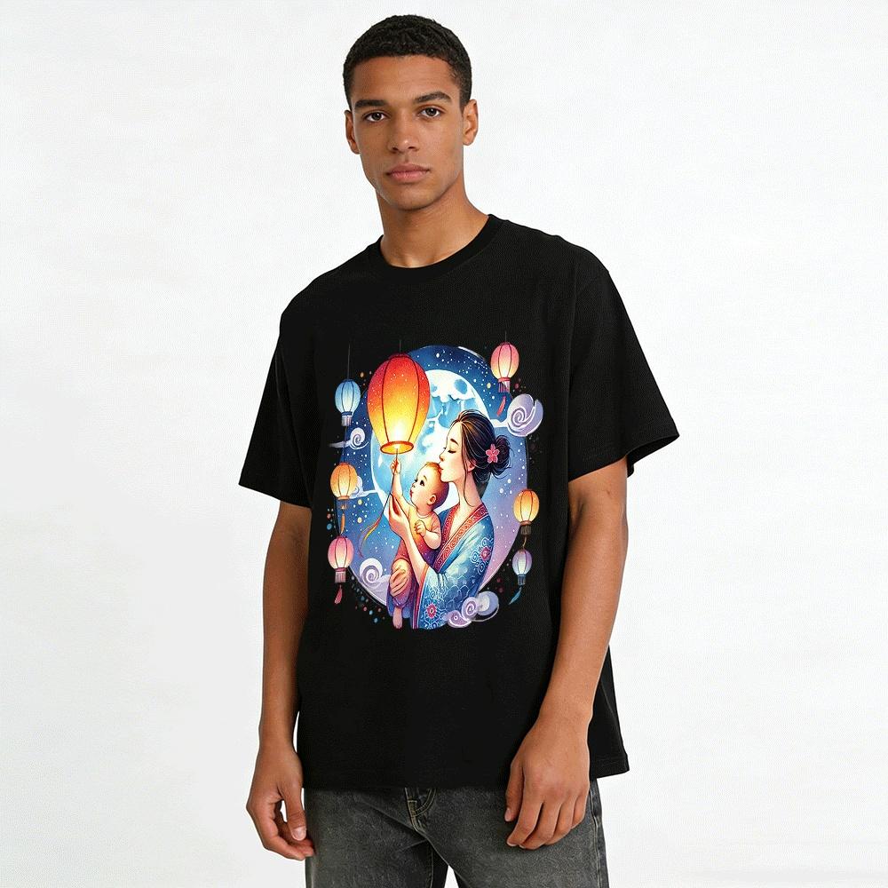 Mid-Autumn Warm Parent-Child Lantern Moon Viewing Print Tops Pure Cotton T-shirt