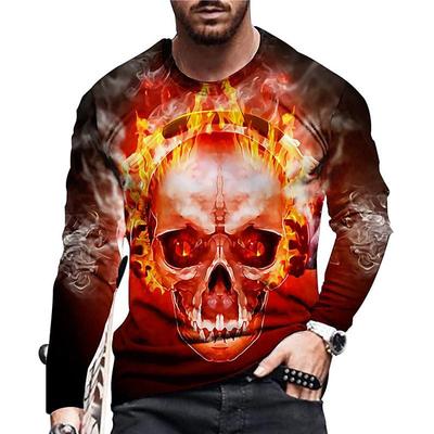 3D Skull Printed Top Fashionable Casual Long Sleeved Men's T-shirts - Soft Medium Stretch Polyester Fabric Spring and Autumn Relaxed Fit Clothing