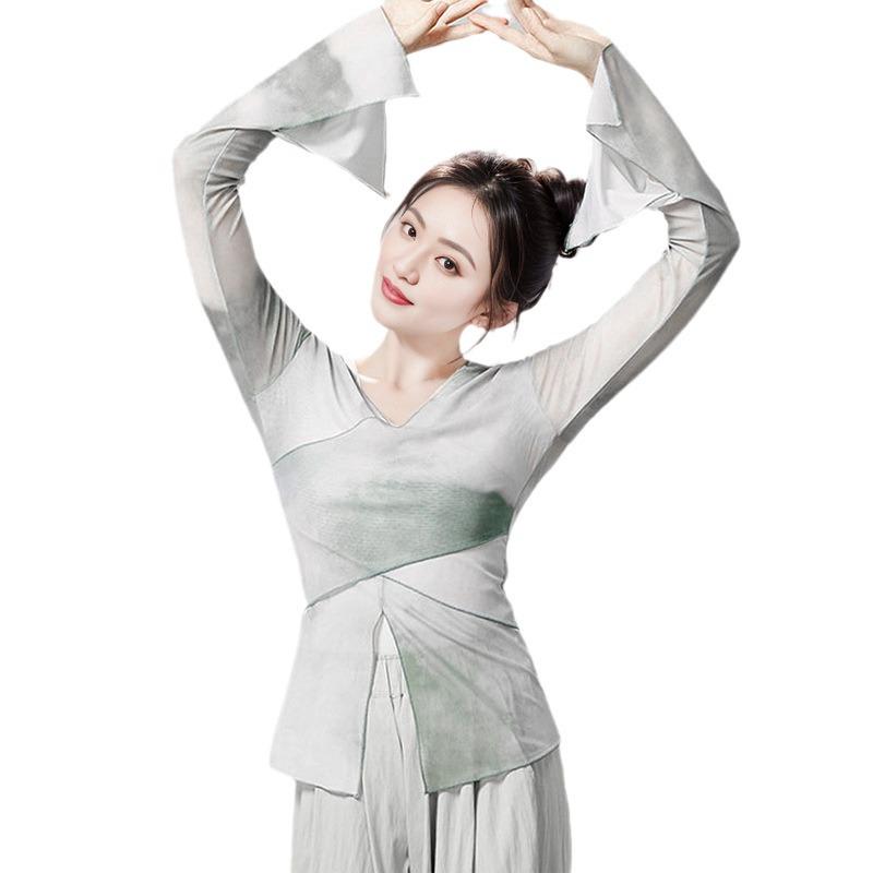 Women's Gradient Ethnic Dance Costume - Long Sleeve Gauze for Classical Chinese Dance Practice and Art Exams.