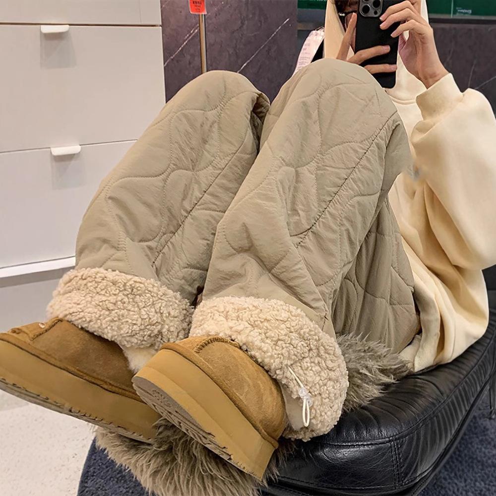 Thicken Fleece Lined Pants Women Warm Casual Cold Resistant Cold Wide Leg Trousers