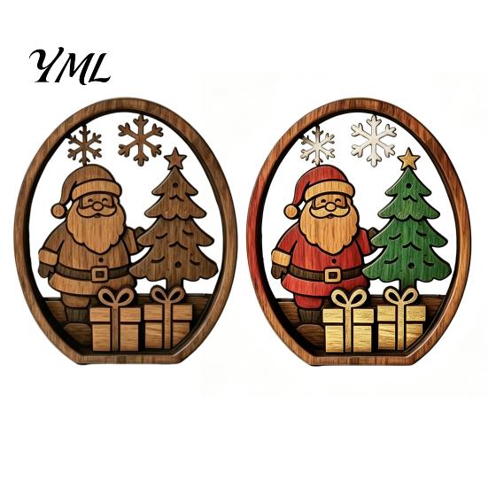 Christmas Wooden Ornaments 3Pcs Santa Claus And Tree Ornaments, Oval Table Natural Wood Crafts Centerpiece, Solid Desktop Ornament for Home