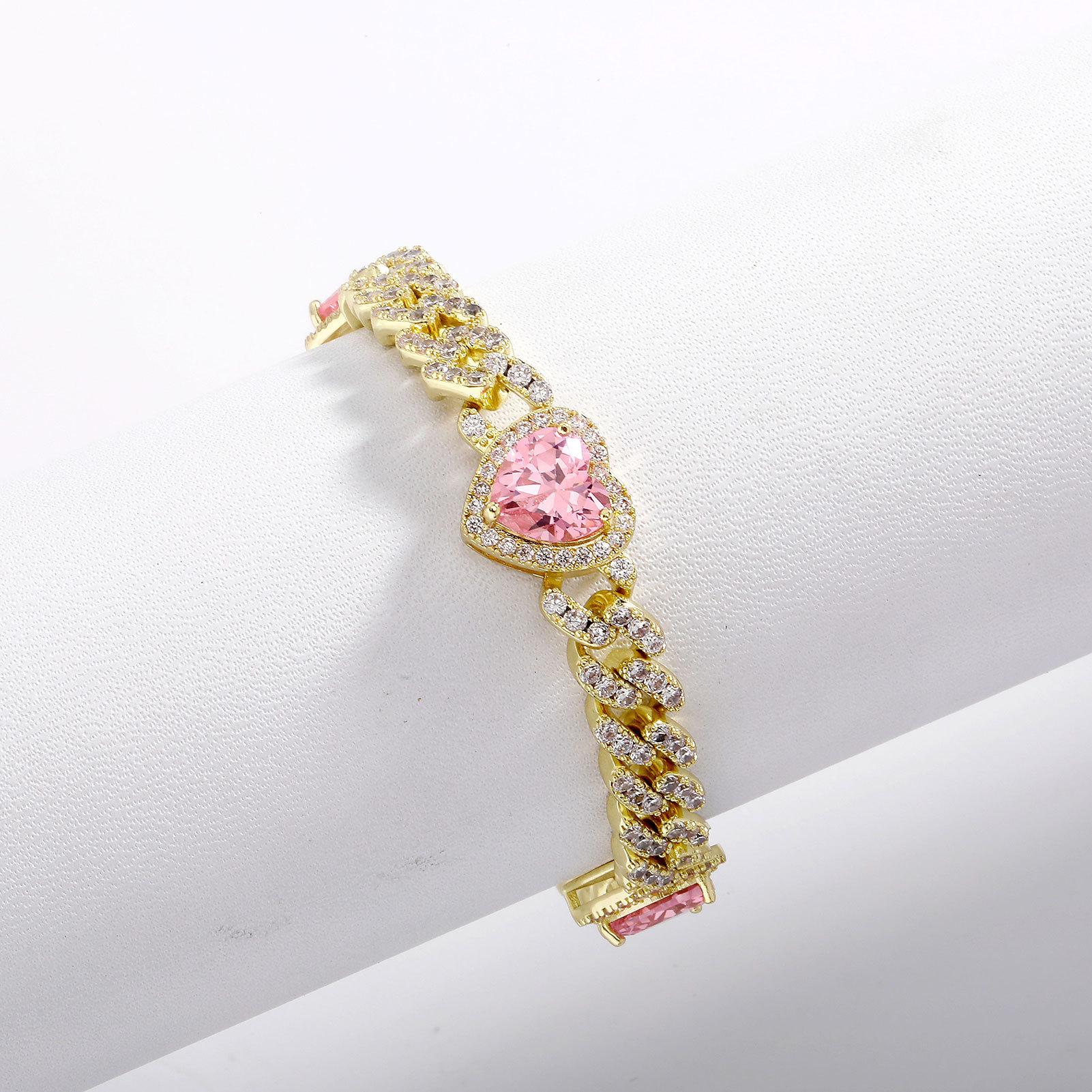 Luxury Design Heart-Shaped Zircon Gemstone Bracelet Women Cuban Style 14K Gold Plated Brass Butterfly Chain Claw Setting Fashion Heart Butterfly&7 inches(17.78cm) серебряный