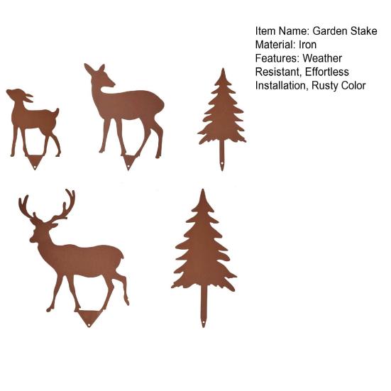 Durable Iron Garden Decor 5Pcs/Set Forest Deers Stakes, Rusty Christmas Tree Elk Family Vintage Style Yard Stakes Outdoor Metal Art Ornaments for Lawn