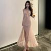 Seaside Vacation Irregular Pink Streamer Slim Pleated Suspender Skirt Banquet Dress Dress Daily Wear