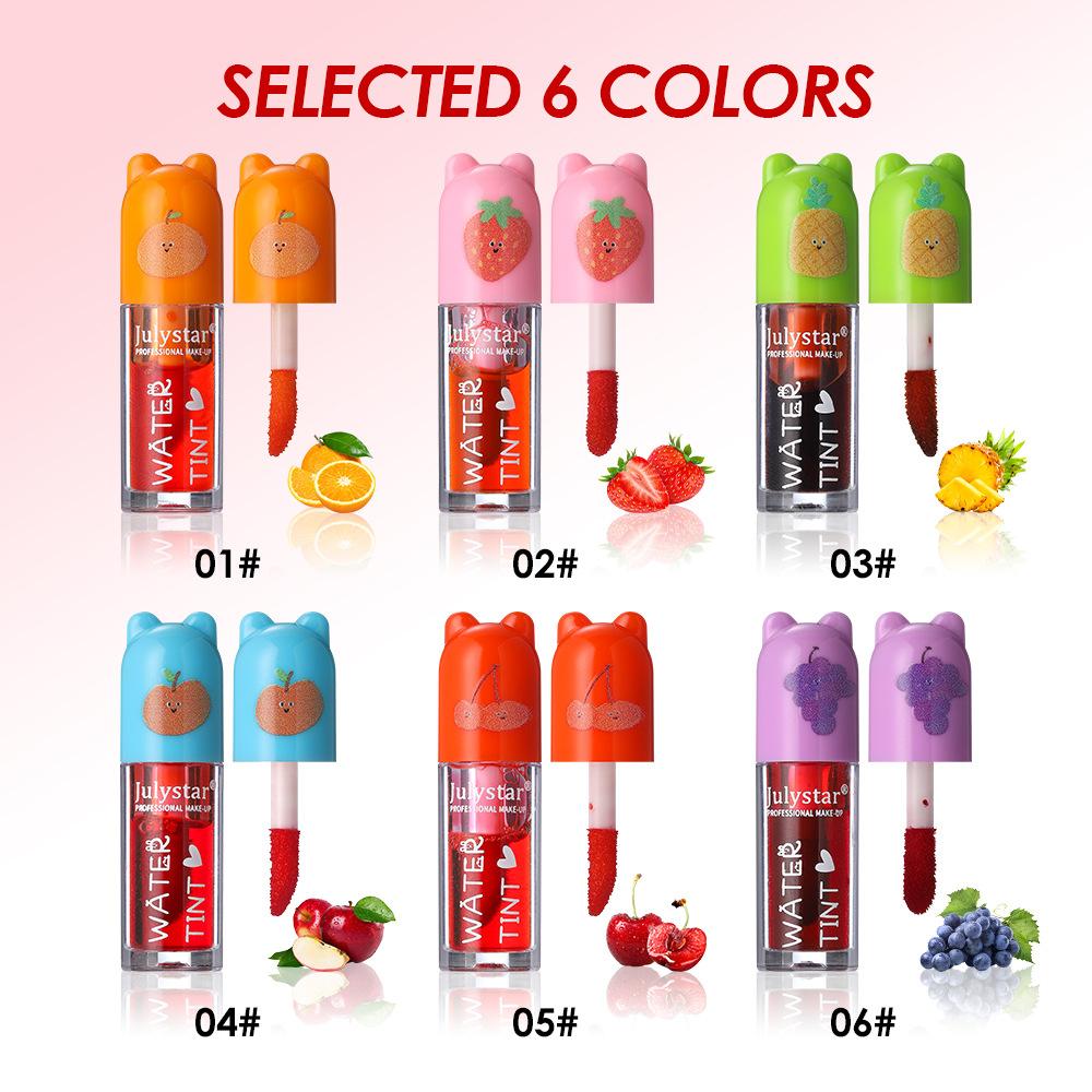 Julystar 6Pcs Lip Stain Set - Cute Bear Fruit Flavored Lip Tint Liquid Lip Gloss Kit, Long Lasting Waterproof Moisturizing Makeup Gift Set