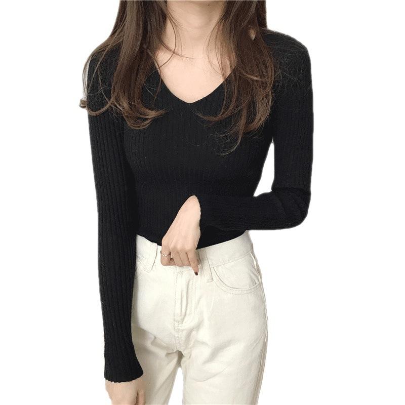 Korean Version Versatile Slim Fit Ins Autumn and Winter Long Sleeved V-neck Pullover Base Sweater Knitted Sweater with Pit Stripe Sweater for Women