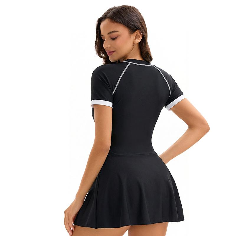 New skirt one-piece triangular swimsuit women's short-sleeved conservative sunscreen sports swimsuit wholesale