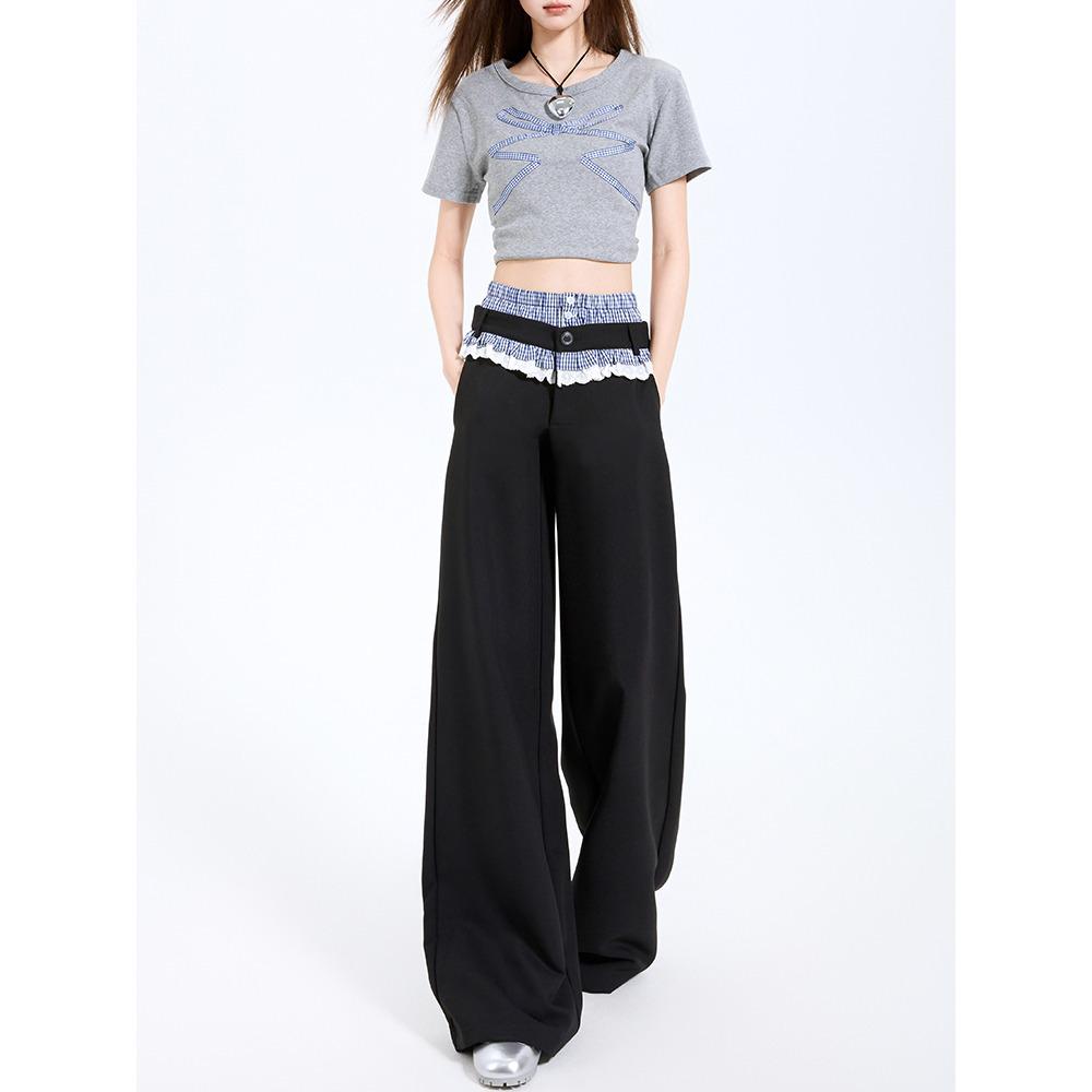 Plaid Patchwork Lace Double Waistband Wide-Leg Pants for Women - New 2025 Spring/Autumn Casual Long Pants