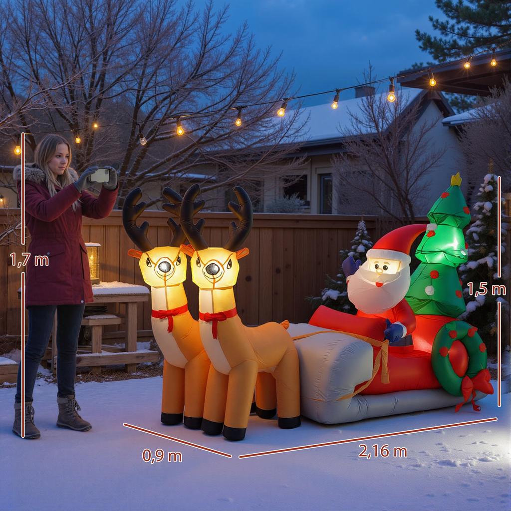 Inflatable Santa Claus with Sleigh and Inflatable Christmas Reindeer with LED Lights for Outdoor and Indoor Use 216x90x150 Cm