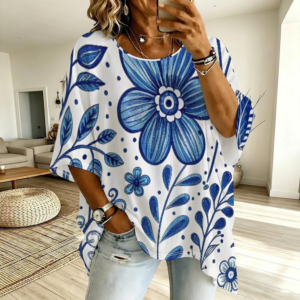 Floral women's large-size short-sleeved T-shirt, irregular hem design, digital printing four seasons