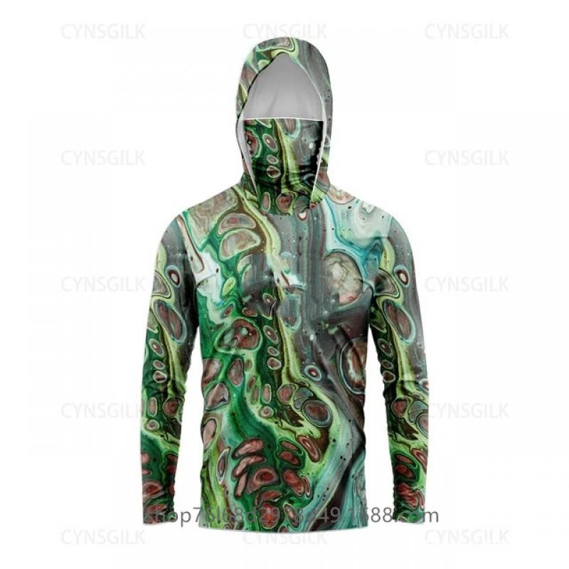 Mens Quick-Dry Ice Silk Long Sleeve Fishing Shirt With Hood Integrated Face Cover UV Protection Outdoor Sunproof Apparel
