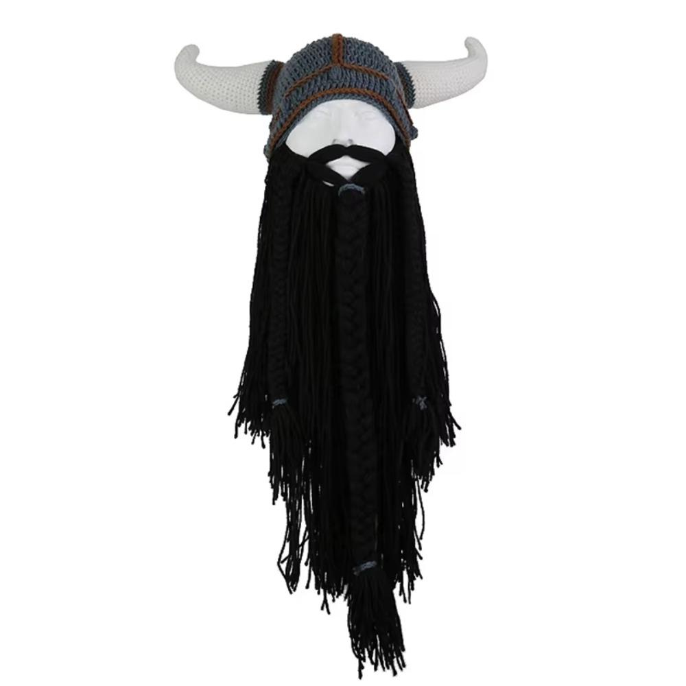 Hand Weave Bearded Funny Caps Funny Tricky Big Beard Mask Hat Viking Horn Hat Costume Accessory