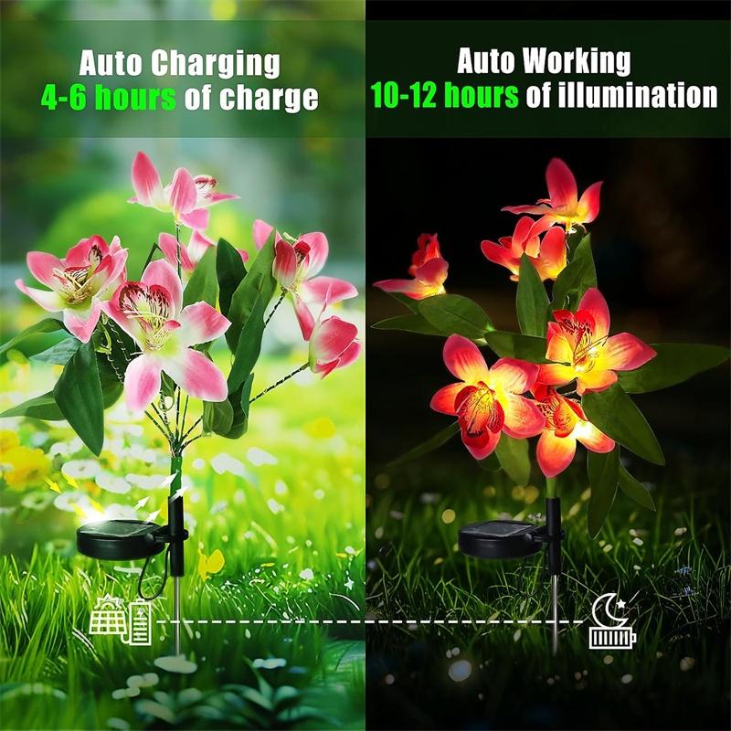 Flower Solar Lights Outdoor Garden, LED Solar Flower Lights with 7 Orchid Flower Solar Stake Lights for Courtyard Pathway Lights