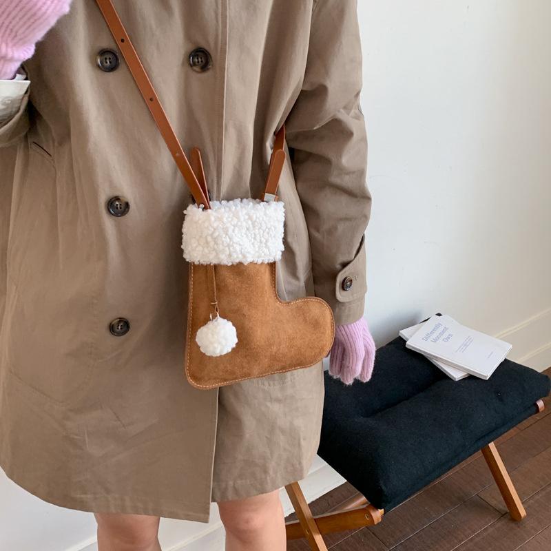 Portable Simple Style Suede Crossbody Bag Fluffy Lightweight Lamb Shoulder Bag Travel Christmas Sock Bag Women