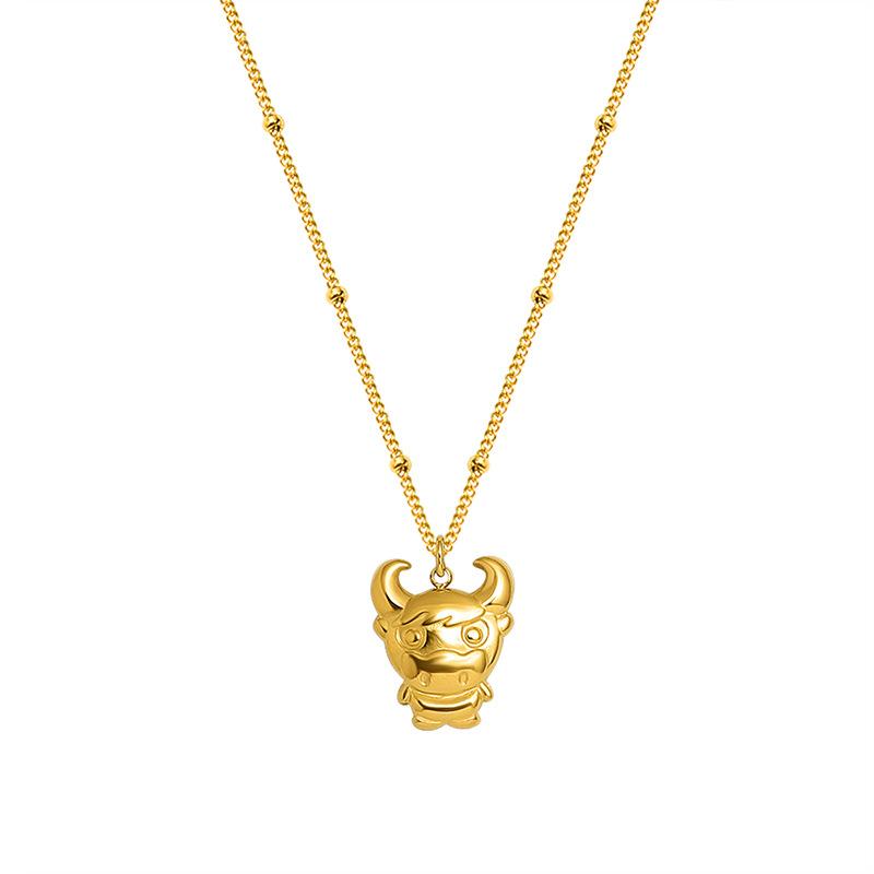 New Cute Niu Niu Pendant Necklace, Niche Versatile Stainless Steel Collarbone Chain Plated With 18K Gold Jewelry