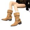 Western Boots Autumn And Winter Fashion Retro Belt Buckle Medium Boots Suede Pointed Thick Heel High Heel Martin Women'S Boots