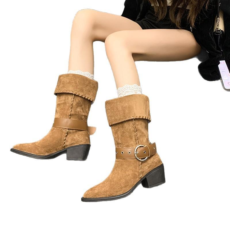 Western Boots Autumn And Winter Fashion Retro Belt Buckle Medium Boots Suede Pointed Thick Heel High Heel Martin Women'S Boots
