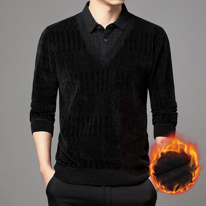 

Мужской зимний свитер из двух частей из синели и бархата, утолщенный, имитация, для среднего возраста, теплая трикотажная рубашка для папы 4XL