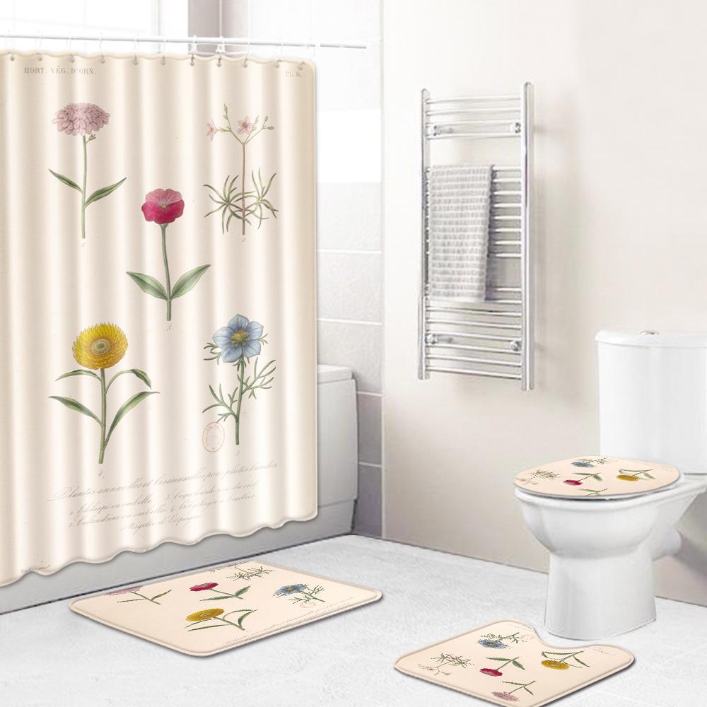 Fashion Textured Bathroom Shower Curtain Floor Mat Toilet Cover Foot Mat Four-Piece Set
