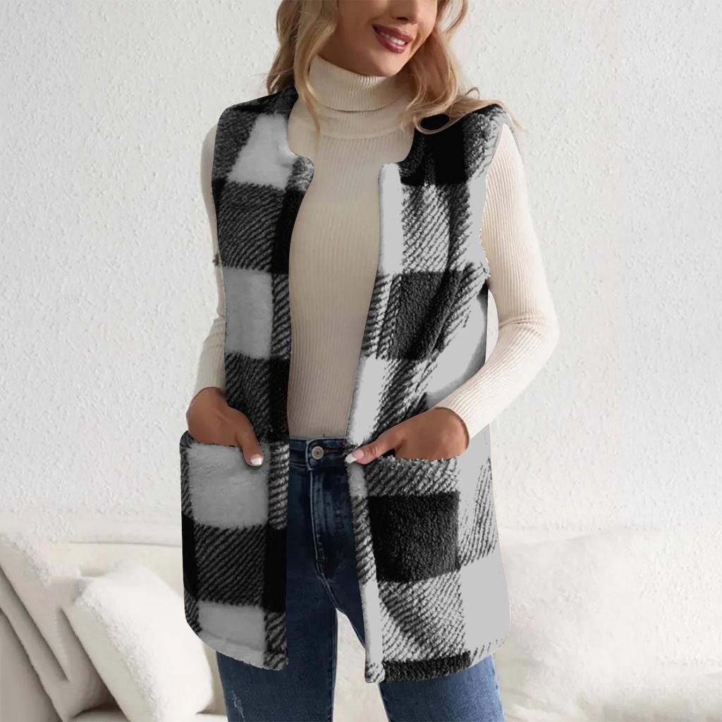 Plaid Fleece Vest For Women  Fall Winter Fuzzy Thermal Warm Sleeveless Jacket Trendy Outwear