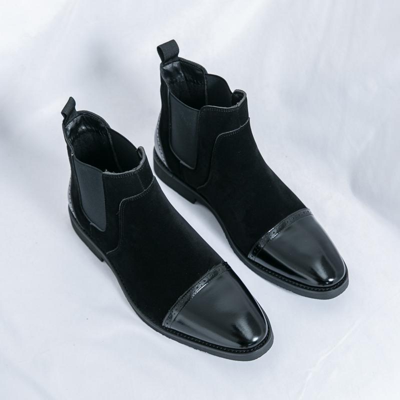 Fashion Winter New Men's Pointed Mixed Patchwork Slip On Ankle Boots British Designer Botas Trend Casual High-tops Shoes Zapatos Hombre