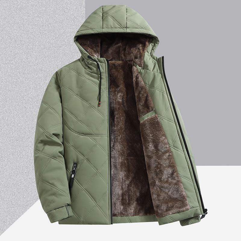 Men's Mid-Length Hooded Winter Coat with Velvet Lining for Middle-Aged and Elderly